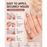 Nude‑Pink Almond Press‑On Nails, Luxury False Nails With Large Pink‑White Rhinestones & Silver Glitter For Party